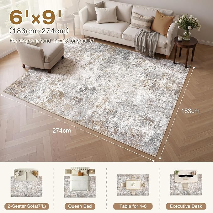 UERMEI 6x9 Area Rug Living Room Rugs - Washable Neutral Modern Abstract Soft Thin Large Rug Indoor Floor No Slip Rug Carpet for Bedroom Under Dining Table Home Office Decor - Brown Grey