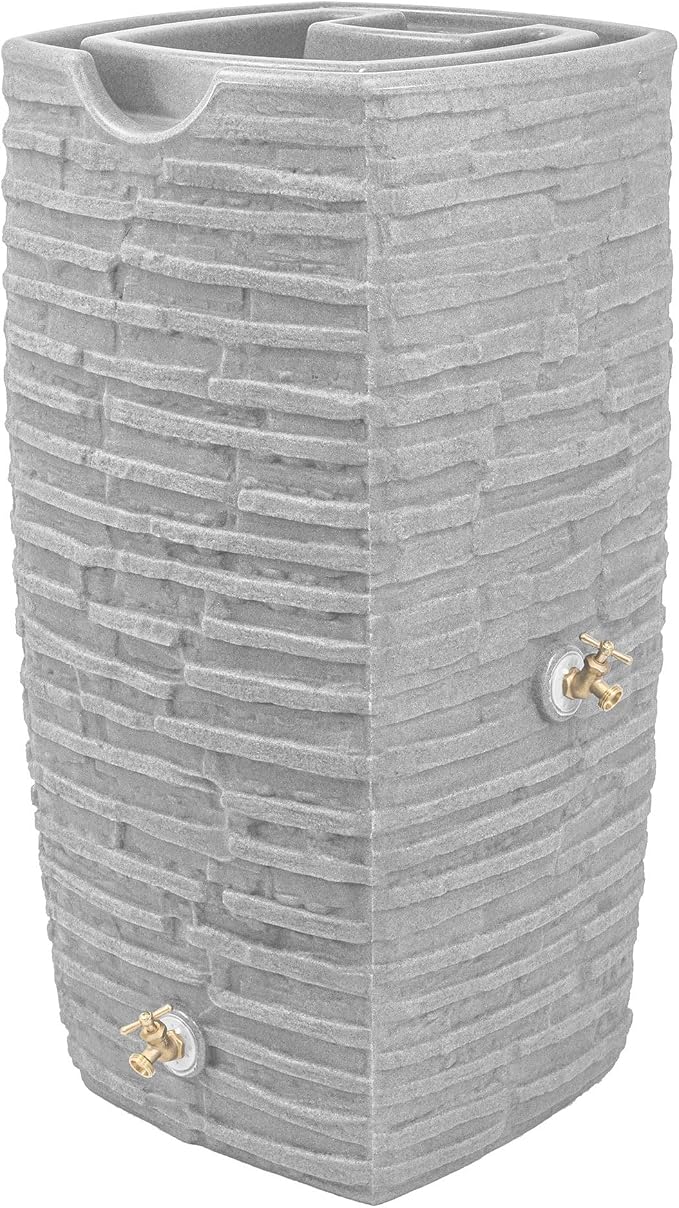 Good Ideas Impressions Riverwalk 50 Gallon Faux Slate Surface Dual Spigot Rain Barrel with 2 Brass Spigots and Screen, Light Granite (3 Pack)