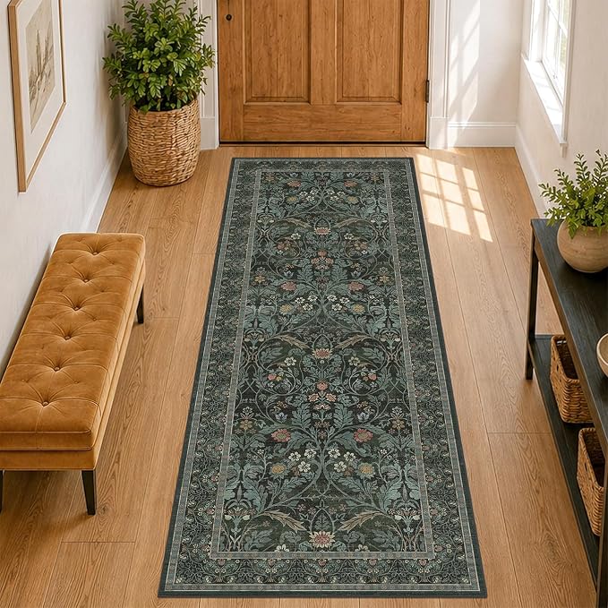 Washable 2'6"x8' Entryway Runner Rugs Non Skid, 8ft Long Hallway Runner Rug, Non Slip Wide Carpet Runners for Kitchen, Bathroom, Dark Green Low Pile Soft Vintage Dark Floral Floor Decor (Dusty Teal)