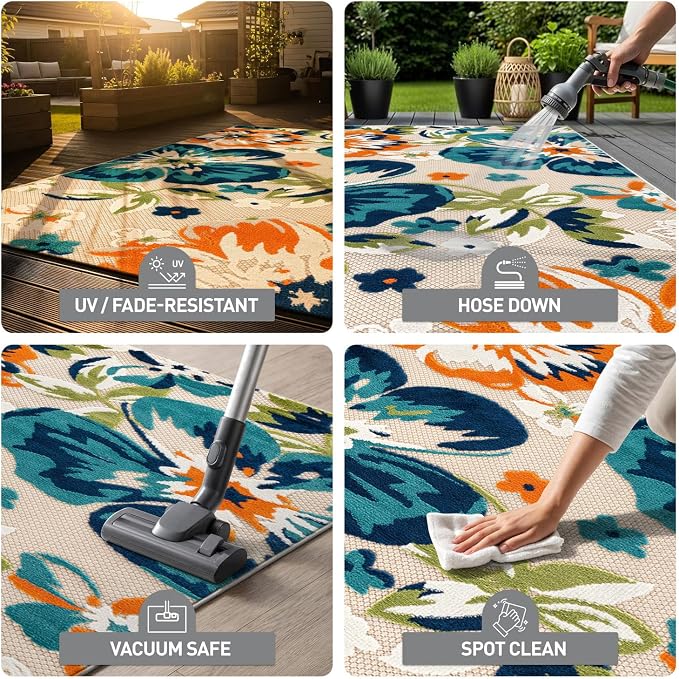 Rugshop Bergamo Contemporary Floral Non-Shedding Patio Deck Backyard Indoor/Outdoor Runner Rug 2' x 7' Multi