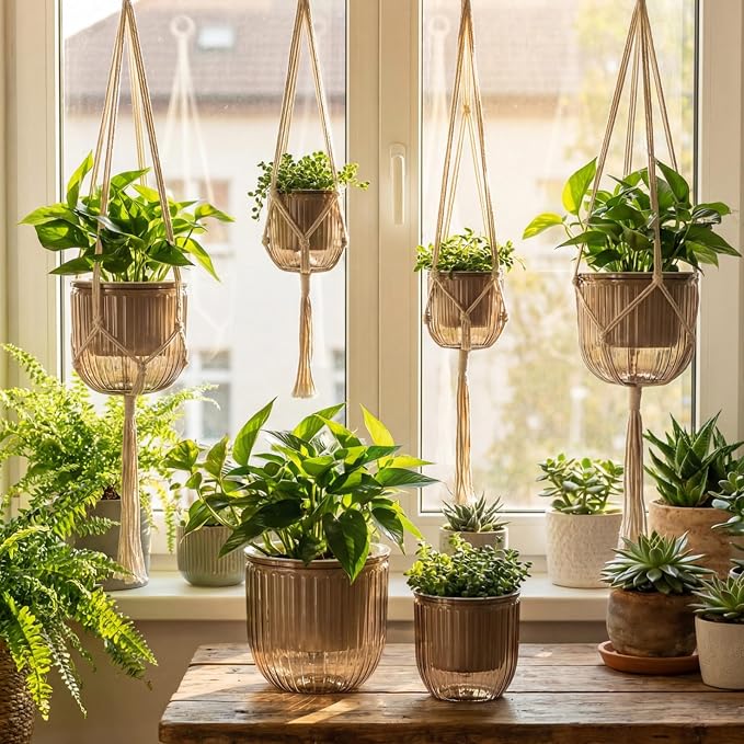 Hanging Planter Set of 6 Self Watering Indoor Flower Pots with Water Level Indicator Modern Plant Hangers for Indoor Garden Decor Balcony Apartment Boho Home Decoration Easy Care(Grey)