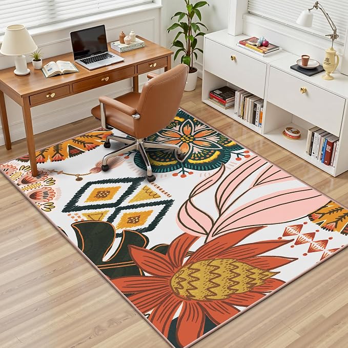 Tyrot Boho Floral 3x5 Washable Area Rug Flat Woven Ultra-Thin Low Pile Rug Non Slip Indoor Rug for Living Room, Bedroom, Entryway, Nursery, Dorm, Blush Pink