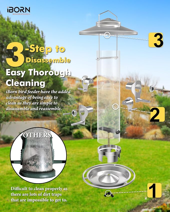 iBorn Metal Bird Feeder for Outside Hanging,Wild Bird Feeders for Cardinal,17cm Large Roof&Nickle,35CM Long,2lb Capacity 8 Ports (Seed is not Included)