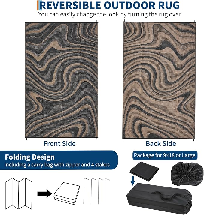 Garvee 10x20 Area Rugs Outdoor Waterproof Rug, Modern Plastic Straw Rug with Portable Bag, Foldable Lightweight Reversible UV Resistant Mats for Backyard, Picnic, Beach, RV, Porch, Black Coffee