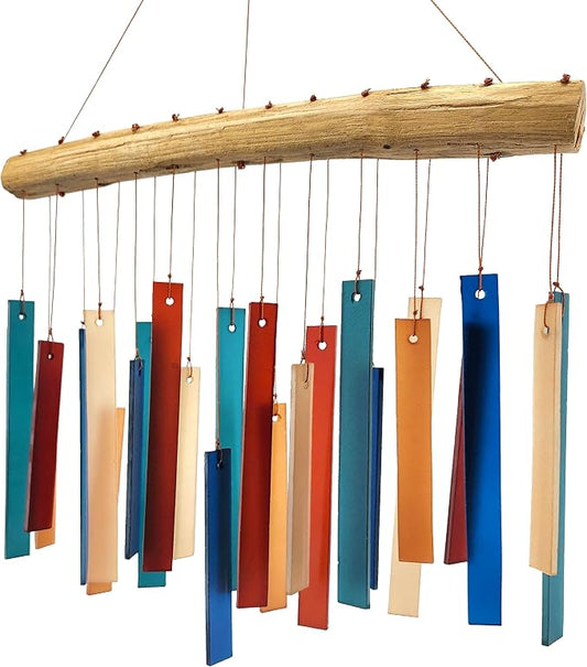 Blue Handworks Rectangle Glass Wind Chime Retro | Colorful Handcrafted Sandblasted Glass Wind Chime with Found Wood