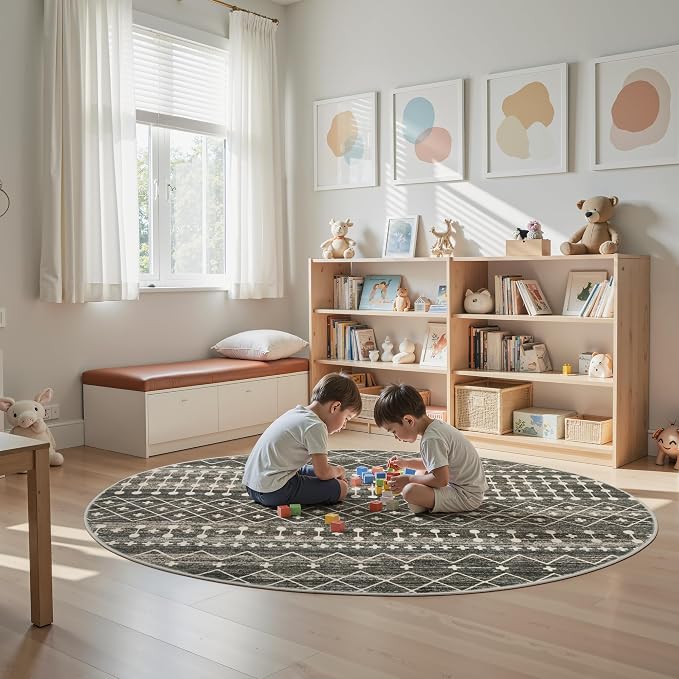 Miukiki Round Rugs 6ft for Living Room Moroccan Washable Circle Rug Black | Non Slip Indoor Floor Carpet Foldable Area Rug for Dining Room with Low Pile 6ft
