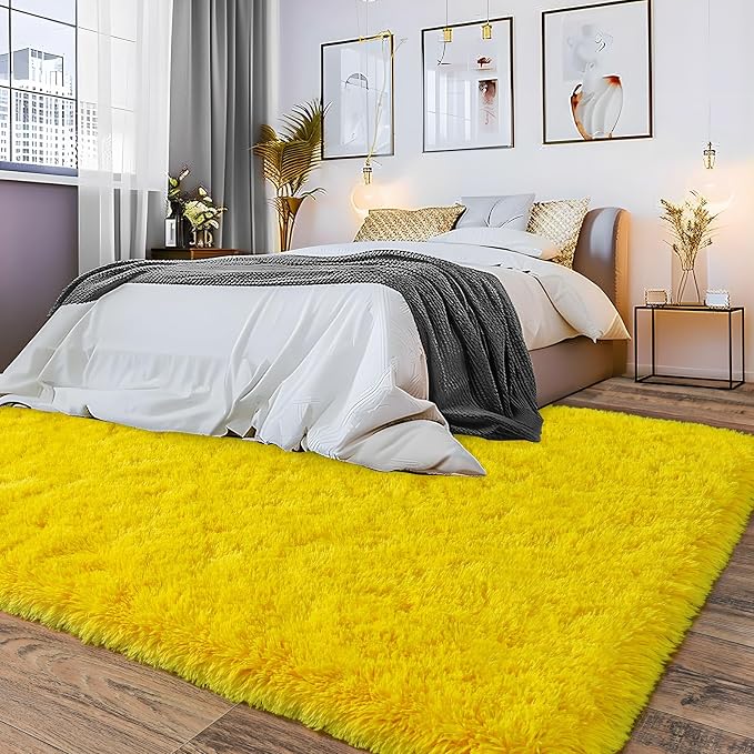 Soft Shag Fluffy Living Room Rug 5x7 Yellow Washable | Upgrade Non-slip, 5 x 7 Shaggy Rugs for Bedroom Nursery, High Pile Fuzzy Plush Carpet Kids Room Dorm, Flame Resistant