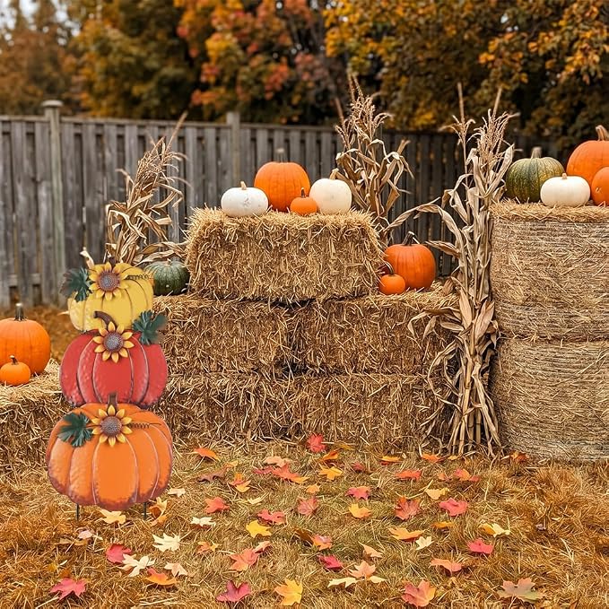 PHITRIC Fall Decorations for Home Outdoor, Decorative Garden Stakes with 3 Pumpkins for Fall Decor, Metal Yard Signs for Outside Garden Yard Lawn Porch Lawn Thanksgiving Decorations