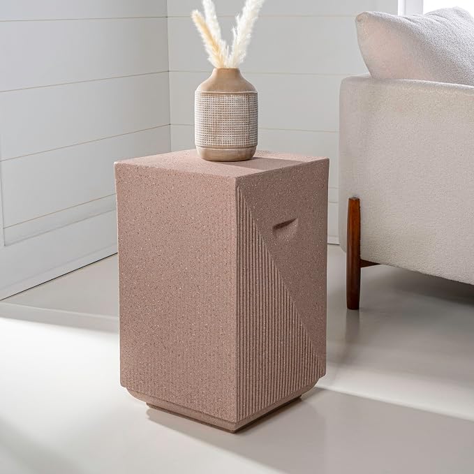 JONATHAN Y Adrian Polyresin Outdoor Side Table and Garden Stool, 21" Weather Resistant Geometric Fluted Accent Table for Patio, Porch, Deck, Pink Terrazzo TBL1104C