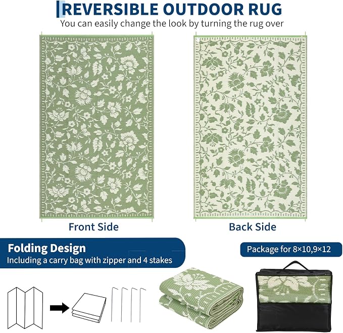 Garvee 5x8 Outdoor Patio Rug, Floral Waterproof Outdoor Rug for Camping with Portable Bag, Vintage Plastic Straw RV Rugs for Outside, Reversible Mats for Picnic Backyard Porch Balcony, Green