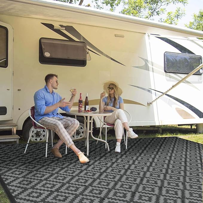 Outdoor Patio Plastic Straw Rug - 8x10 ft Outdoor Camping Rug Waterproof Reversible, Area Carpet Patios RV, Outside Porch Balcony Deck for Camper, Black & Grey