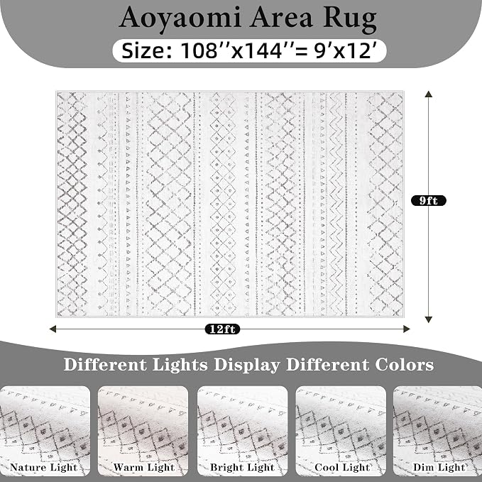 Area Rug for Living Room 9x12: Large Washable Boho Moroccan Rugs Geometric Neutral Rug, Non-Slip Foldable Morden Farmhouse Indoor Floor Carpet for Bedroom Dining Table Home（Dark Grey,9X12）