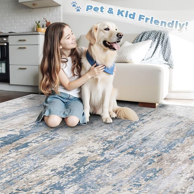 pmtsns Area Rugs 6x9 for Living Room: Washable Rug Modern Abstract Neutral Soft Non-Slip Low-Pile Indoor Carpet for Bedroom Dining Room Playroom Home Office (Light Blue Brown, 6'x9')