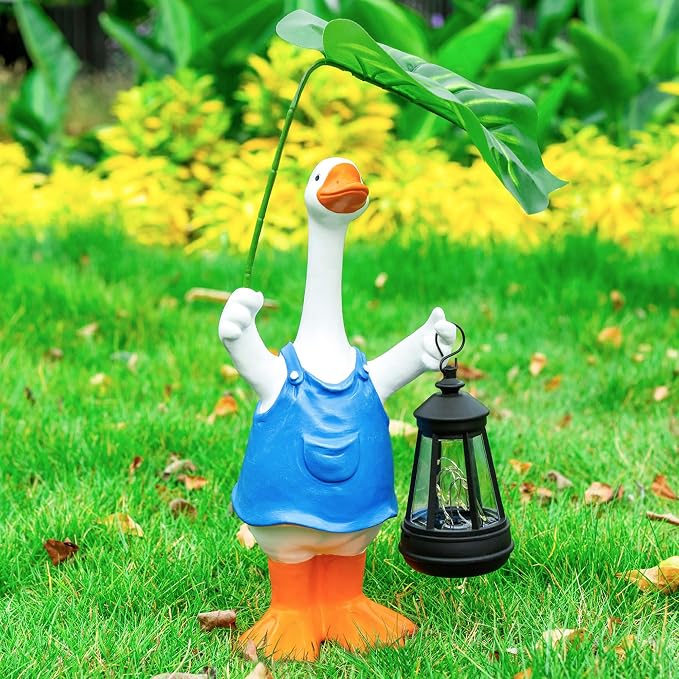 Goose Garden Statues Porch Goose Statue Holding Leaf with Solar Lantern Front Porch Yard Lawn Summer Outdoor Decorations Duck Unique Christmas Birthday Gifts for Mom Women