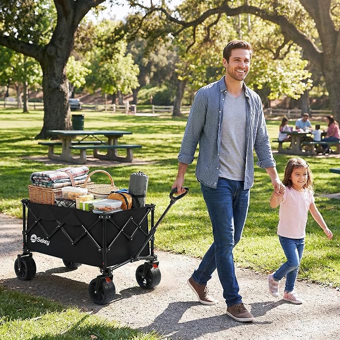 Sekey 250L Wagons Carts Foldable with Big All-Terrian Beach Wheels, Collapsible Heavy Duty Wagon, Extra Large Folding Wagon,Foldable Wagon for Camping, Garden, Sports. Black
