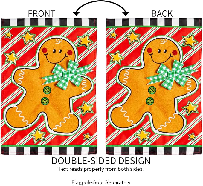 Evergreen Flag Patterned Gingerbread Man Applique Garden Flag | 12x18 Inches Double Sided Christmas Garden Flag for Outside | Weather and Fade Resistant | Outdoor Flag Décor for Home, Yards and
