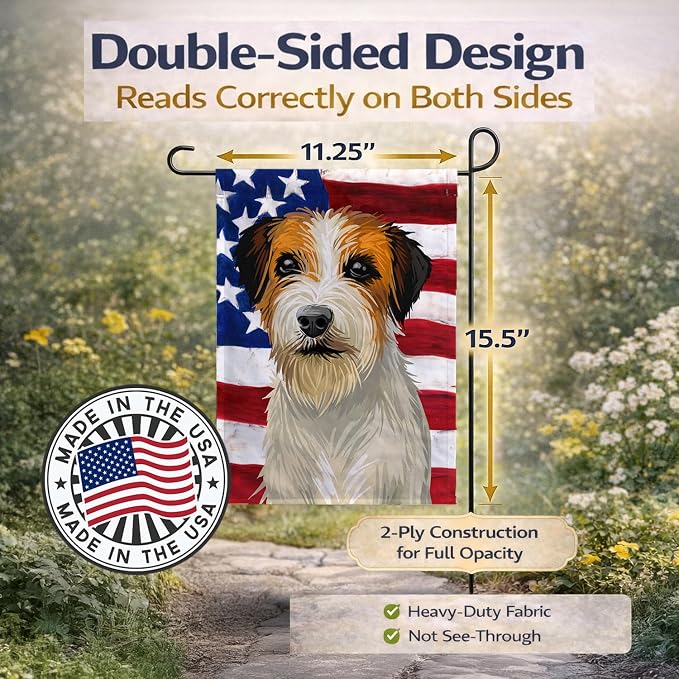 Caroline's Treasures CK6678GF Russell Terrier Dog American Flag Garden Flag Mailbox Flag Decorative Yard Flag Banner Outside Patio Artwork Yard Flower Beds, Garden Size, Multicolor