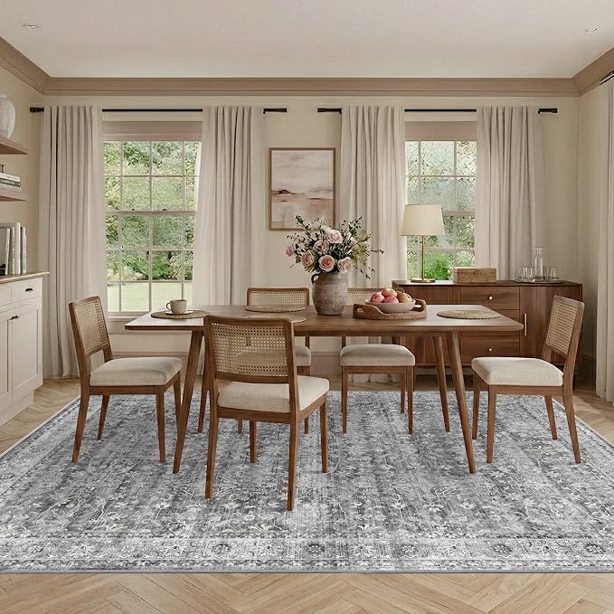 Latte&Fog 8x10 Area Rugs for Living Room Netural Washable Large Grey Rugs | for Bedroom Dining Kitchen Kids Playroom Nursery Classroom Dorm Farmhouse Office, Non Slip Low Pile Soft Floral Carpet Indoor