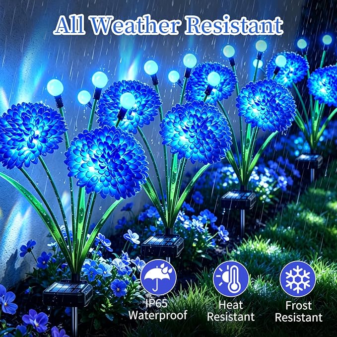 VOOKRY Solar Flowers Outdoor Waterproof, 4 Pack Blue Garden Lights with Swaying Firefly Lights, Flower Light Garden Decor for Yard Patio Pathway Lawn Grave, Gardening Gifts for Women Mother's Day