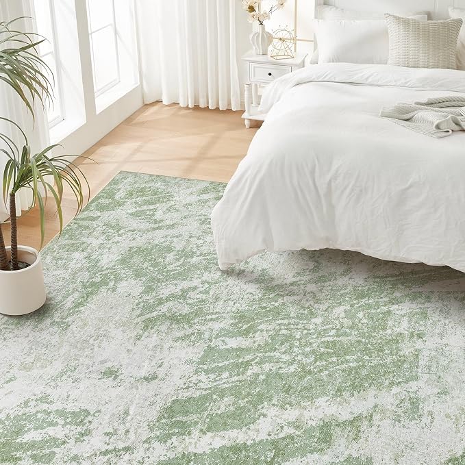 DMOYEST 9x12 Area Rug for Living Room Washable Abstract Indoor Carpet | Neutral Modern Low Pile Rugs Kid & Pet Friendly Large Soft Thin Carpet for Bedroom Dining Room and Office - Light Green