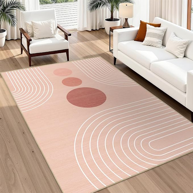 Area Rug 6x9 Boho Modern Minimalist Geometric Abstract Rug Pink Mid Century Modern Rug for Living Room Machine Washable Non-Slip Printed Low Pile Indoor Carpet for Bedroom Dining Room Office Pink
