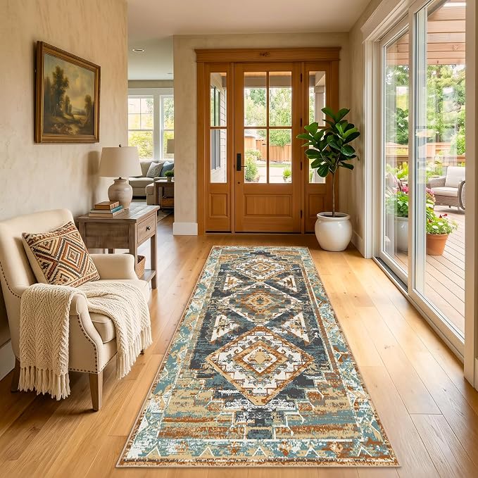 Washable 2x6 Runner Rug, Rustic Farmhouse Low-Pile Non-Slip Carpet, Stain Resistant Vintage Southwestern Rug for Kitchen Hallway Bathroom Bedroom Beside Laundry Room RV Interior, Blue Rust Ivory