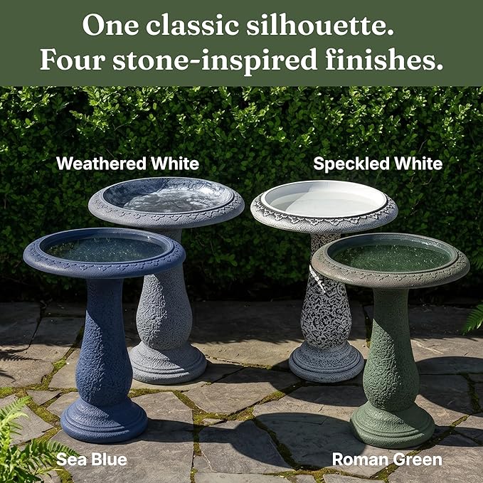 Pedestal Bird Bath Bowl 23 Inch Sea Blue - Stone-Resin Composite Bird Baths for Outdoors - Decorative Standing Outdoor Garden Decor for Front Porch Patio Yard Backyard Lawn Ornament