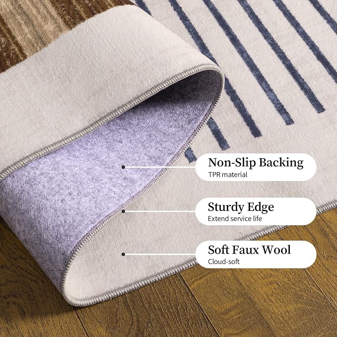 5x7 Washable Area Rug for Living Room, Modern Geometric, White Brown Black | Abstract Striped Color Block, Ivory Low Pile Non Slip Rug for Bedroom Dining Room Office, Soft Faux Wool