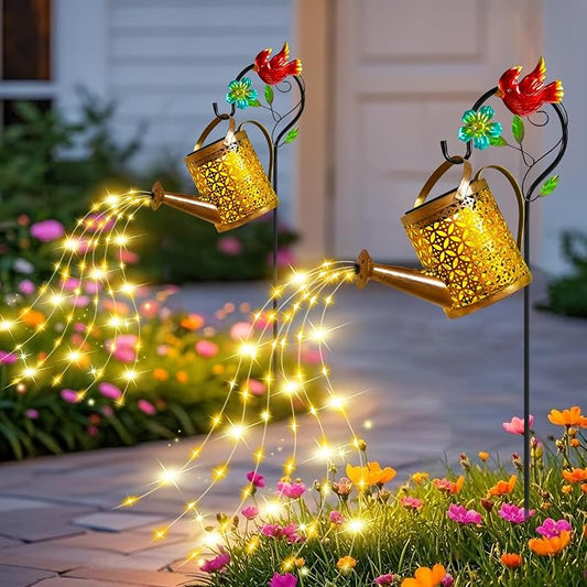 Solar Lights Outdoor, Watering Can with Cascading Lights, Watering Can with Hook Solar Lantern, Gardening Decor for Yard Patio, Gardening Gifts for Mom Grandma Women (2 Pack)