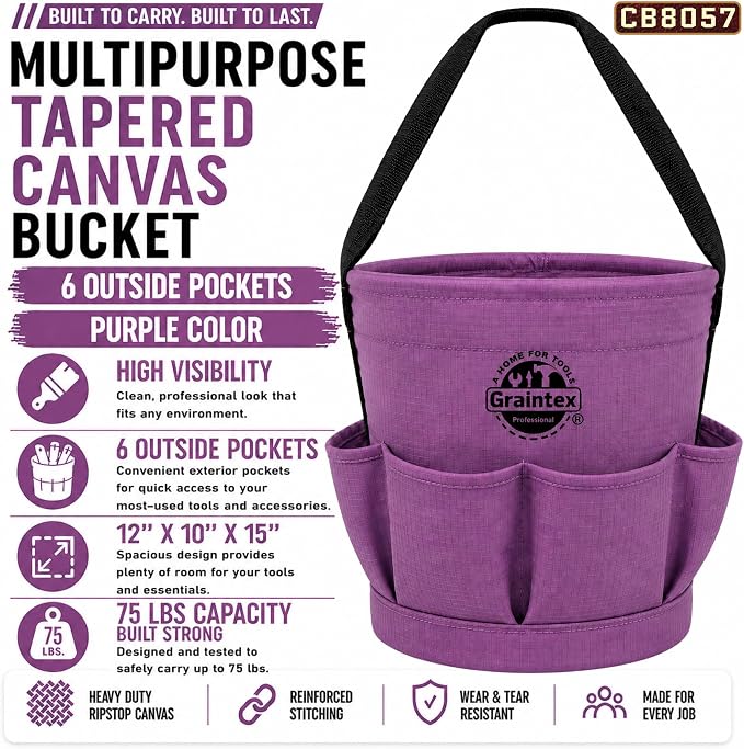 Graintex Tapered Canvas Bucket 12"x10"x15", Utility Tool Bucket 6 Pockets Outside, Reinforced Base & Carry Handle, Ripstop Canvas, Multi-Purpose Bag for Jobsite & Home Use - Purple