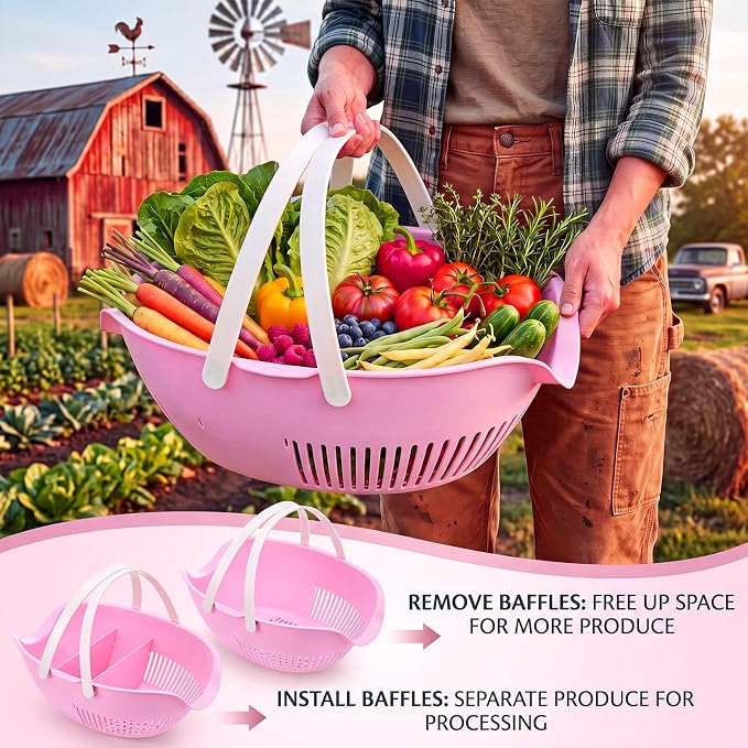 Nuogo 3 Pcs Garden Harvest Basket Removable Partitions with Tool Caddy for Collecting Carrying and Cleaning Harvesting Basket Doubles Colander for Vegetables and Fruits Garden Accessories (Pink)
