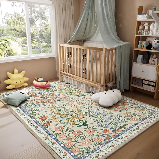 Machine Washable Rugs for Living Room: 5x7 Area Rugs for Bedroom Vintage Stain Resistant Non Slip Low Pile Soft Carpet Rugs for Entryway Kitchen Dining Room Farmhouse Kids Room Nursery
