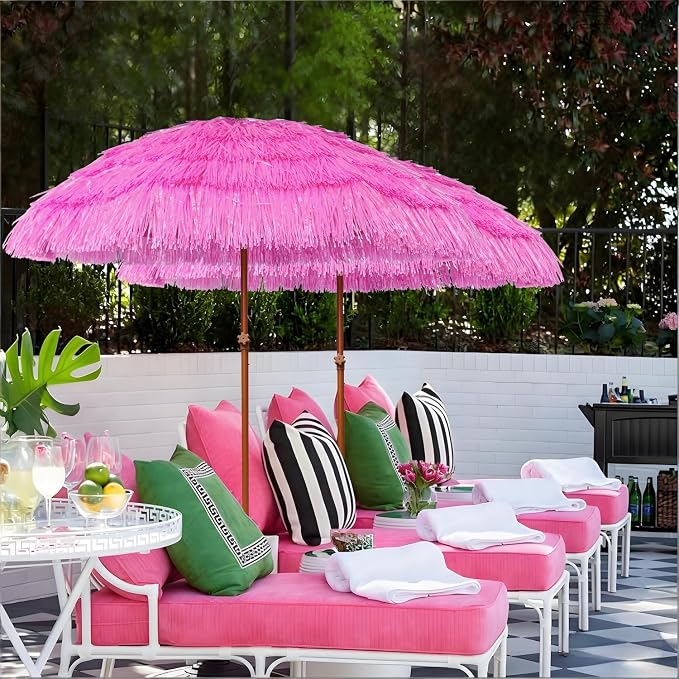 AMMSUN 7.5ft Hula Thatched Tiki Patio Beach Umbrella Hawaiian Style 10 Ribs UPF 50+ with Tilt Carry Bag for Outdoor Tiki Bar, Tropical Palapa, Patio Garden Beach Pool Backyard Pink