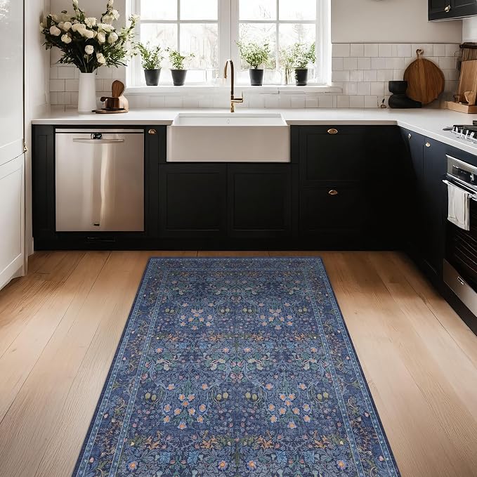 Vintage Dark Blue 3x6 Runner Rugs for Large Entryway, Bedroom Beside Rug, Kitchen, Laundry Room, Non-Slip Low Pile Ultra Soft Stain Resistant Small Floral Carpet