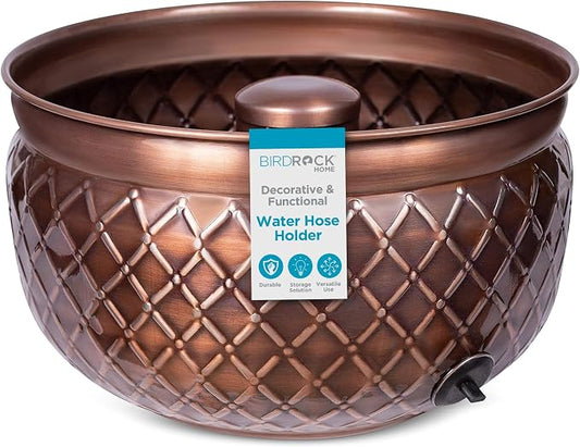 BIRDROCK HOME Water Hose Holder - Decorative Metal Pot, Indoor or Outdoor, Garden Storage Organizer, Patio Portable Bucket - Embossed Steel w/Copper Accents, Holds up to 100ft Hoses