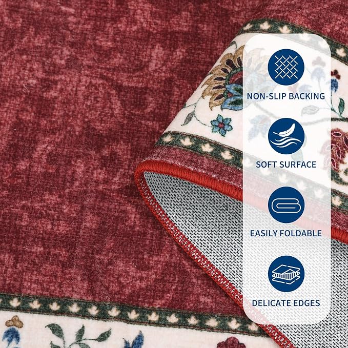 Garvee 6x9 Area Rugs Vintage Floral Washable Rugs Soft Rug | Red Boho Border Area Rug Stain Resistant Easy Cleaning Throw Rugs Non Shedding Low Pile Floor Cover for Nursery Dining Room