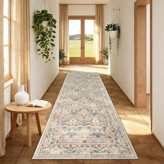 GarveeHome Washable Runner Rug 2x6, Non Slip Floral Kitchen Runner for Hallway Entryway Beige Laundry Bathroom Mat Farmhouse Thin Stain Resistant Carpet for Bedroom Beside Rug