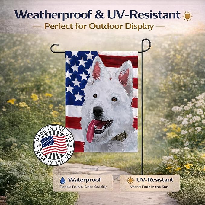 Caroline's Treasures CK6431GF Berger Blanc Suisse American Flag Garden Flag Mailbox Flag Decorative Yard Flag Banner Outside Patio Artwork Yard Flower Beds, Garden Size, Multicolor