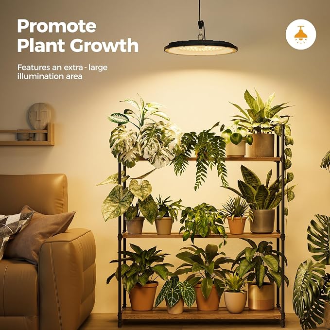 Bamworld Hanging Grow Light for Indoor Plants 12in Large Head Full Spectrum 10 Dimmable Levels LED Grow Light Height Adjustable Long Cord Timer Ideal for Greenhouse Garden Large Tall Plants Black