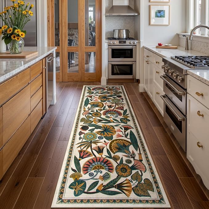 Zealude Egypt Floral Washable Bathroom Runner Rug for Kitchen Floor,2x8 Boho Rug Runners for Hallways Entryway,Vintage Non Slip Soft Throw Carpet for Laundry Room Entrance (Beige,2'6''x8')