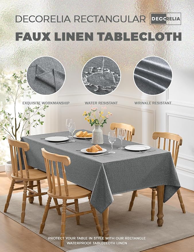 Decorelia Faux Linen Farmhouse Table Cloth 60"x84" for 4-6 ft Rectangle Table, Dark Grey Waterproof Outdoor Washable Cloth Tablecloth for Rectangular Dining Room Kitchen Outdoor Party Restaurant Decor