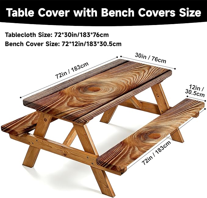 NYZE 3 Pieces Picnic Table Cover with Bench Covers Set, Camping Tablecloth, Tablecloth Cover with Drawstring Bag, Camping Essentials for Outdoor Picnics, Patio, BBQ (Wood Grain)