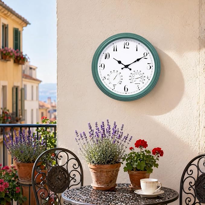 Outdoor Waterproof Wall Clock with Thermometer and Hygrometer Combo, 15 in Retro Battery Operated Garden Clocks for Indoor and Outside Patio Deck Pool -Not Silent (Turquoise)