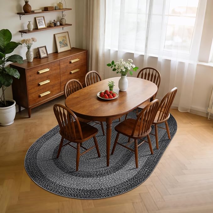 RUGSREAL 5x8 Oval Washable Rug Living Room Modern Border Bedroom Area Rugs | Non Slip Low Pile Dining Room Goemetric Oval Throw Carpet Contemporary Rugs for Living Room Kitchen Nursery, Black