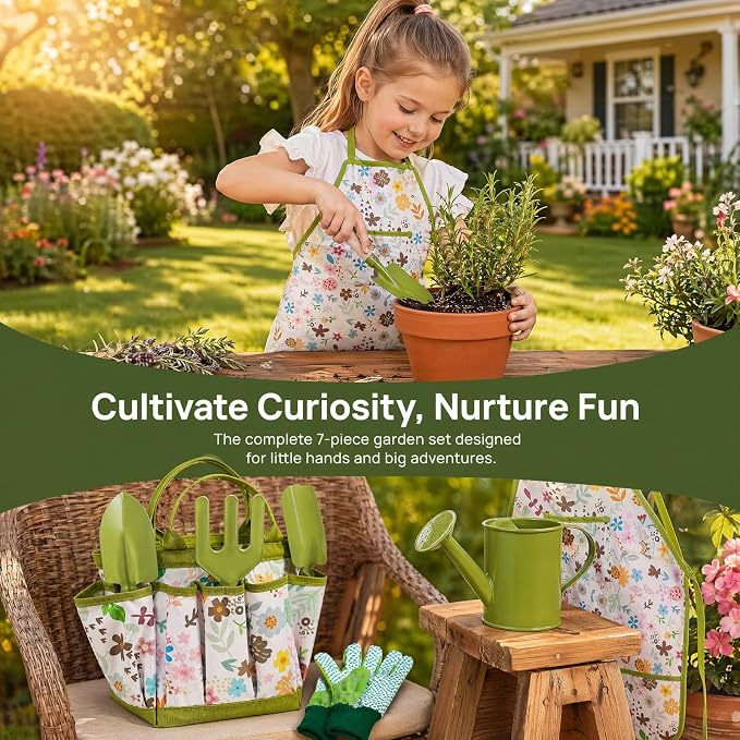 Kids Gardening Set, Gardening Tools Kit for Kids Toddler, Includes Tote Bag, Apron, Gloves, Watering Can, Shovel, Rake, Garden Tool Set Outdoor Toys Gifts for Boys Girls (Green Flower)