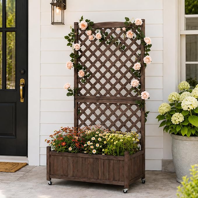 Trellis Raised Garden Bed with Wheels Trellis for Climbing Plants Outdoor | 63"H × 36"W × 17.5"D Tall Lattice Privacy Screen with Drainage Holes