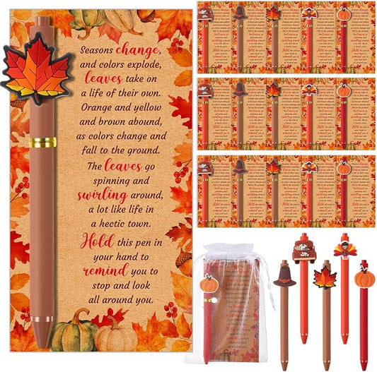 Marspark 30 Sets Fall Gifts Bulk Thanksgiving Ballpoint Pens and Thankful Maple Greeting Cards Set with Bags Twist Ties Autumn Holiday Appreciation Gifts for School Office Thanksgiving Party Favors