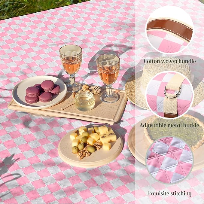 Nuanchu Checkered Picnic Blanket Extra Large Outdoor Blanket Sandproof 80"x80" Waterproof Portable Machine Washable 3 Layer Thick Gingham Picnic Mat for Beach Camping Park Grass Travel (Light Pink)
