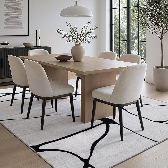 5x7 Washable Modern Abstract Black White Area Rug | Ultra-Thin Low Pile, Non-Slip TPE Backing, Soft Stain Resistant, Machine Washable, for Bedroom Livingroom High Traffic
