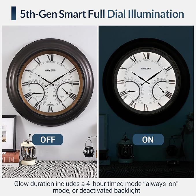 ANDY STAR 24 Inch Outdoor Clocks Waterproof,Large Outdoor Wall Clocks for Patio with Thermometer, Weatherproof Illuminated Clock Battery Operated with Thermometer&Hygrometer,Oil Rubbed Bronze Black